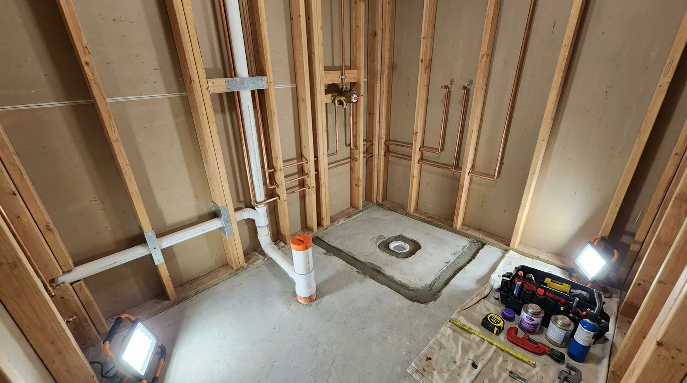 Bathroom rough-in plumbing during remodel by Johns Plumbing LLC in Reisterstown
