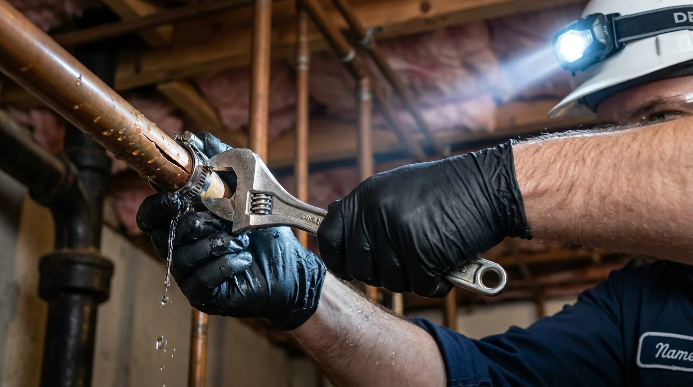 Emergency pipe clamp repair being performed by a Johns Plumbing LLC plumber in Reisterstown
