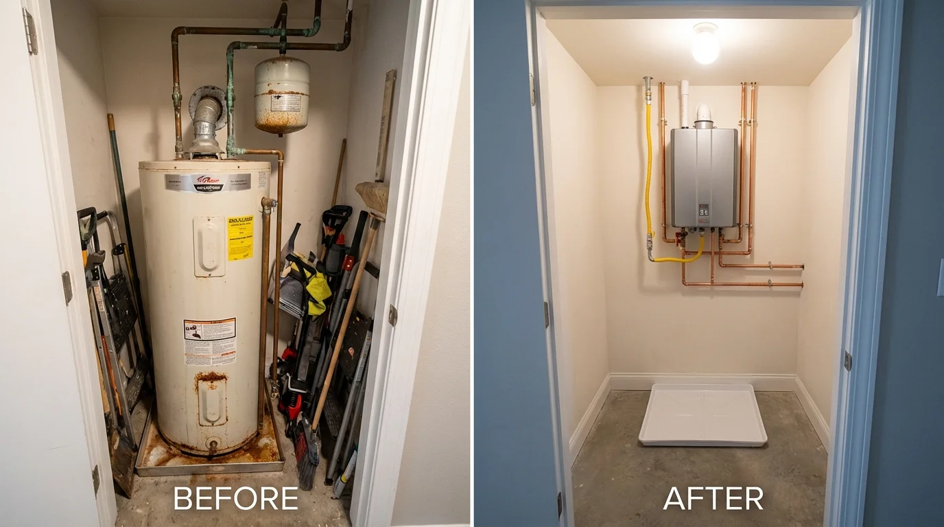 Tank water heater versus wall-mounted tankless unit comparison for Reisterstown, MD homeowners