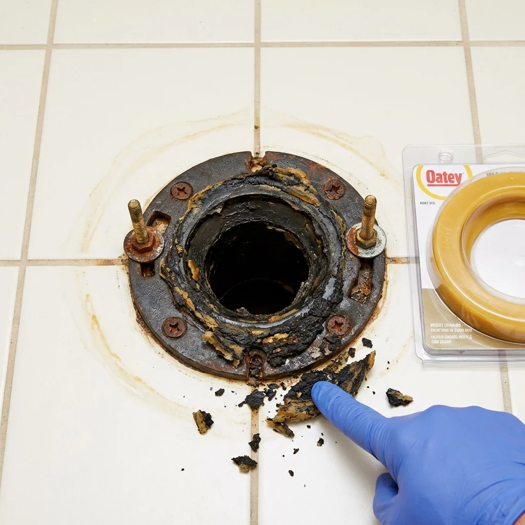 Failed wax ring showing water seepage at the base of a toilet in a Reisterstown, MD home