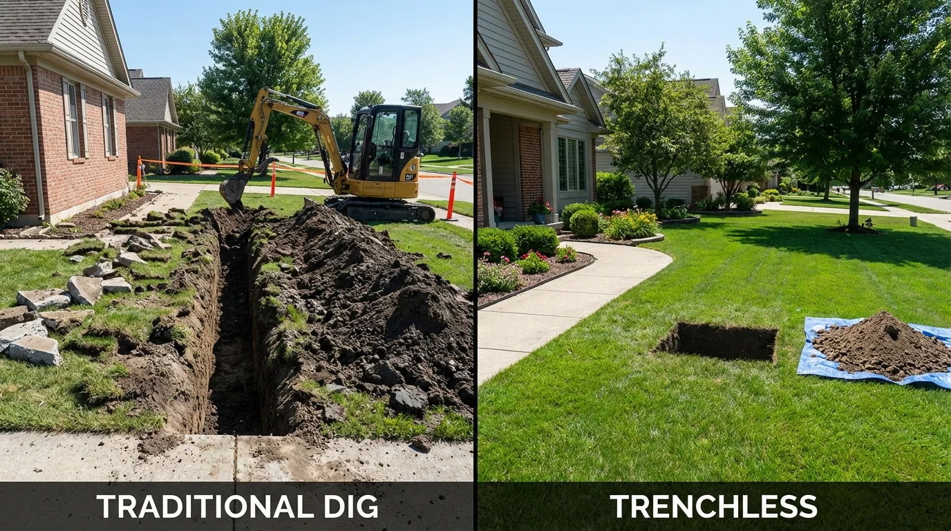 Trenchless sewer repair with minimal yard damage versus traditional excavation in Reisterstown, MD