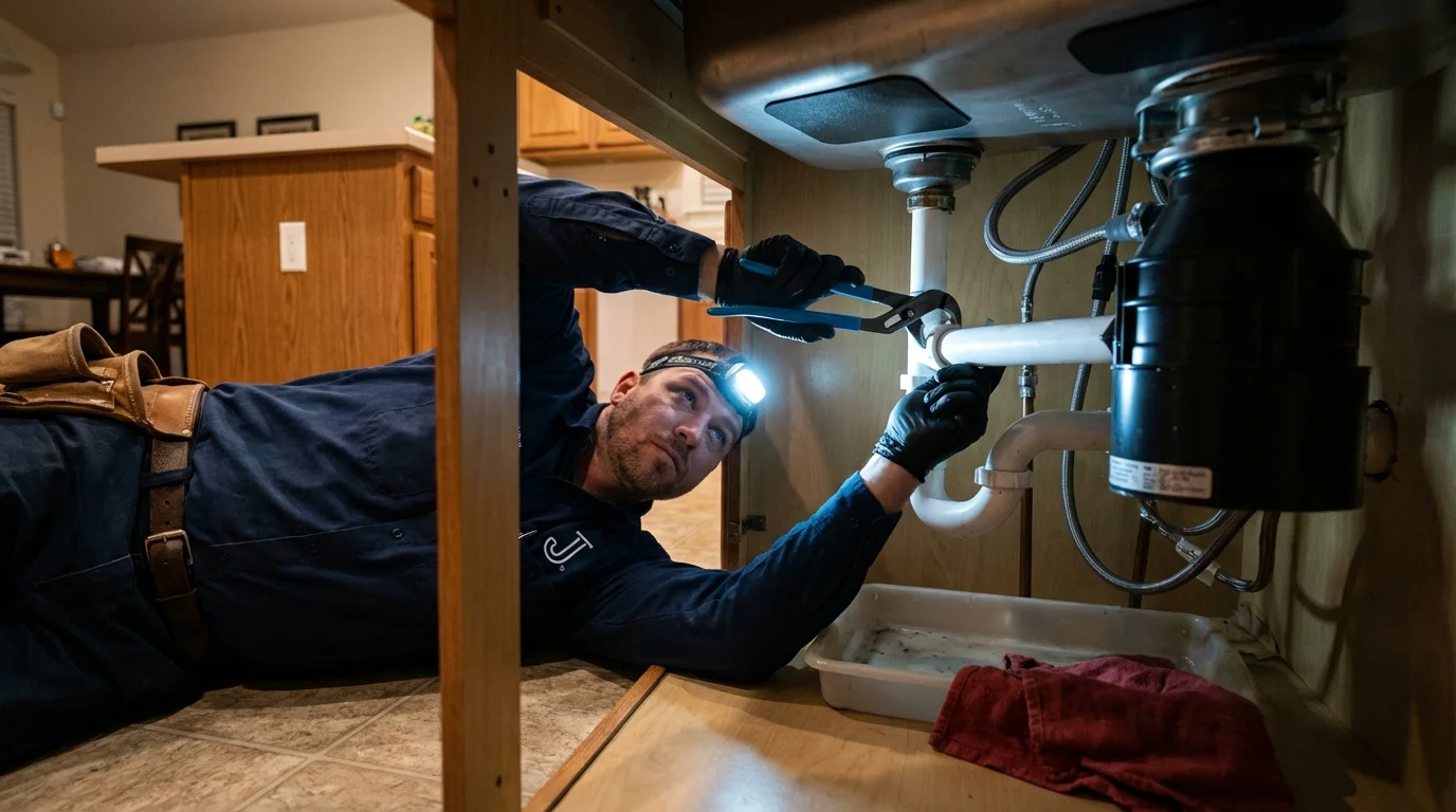 P-trap and supply line connections under a kitchen sink showing a common leak point in Reisterstown, MD